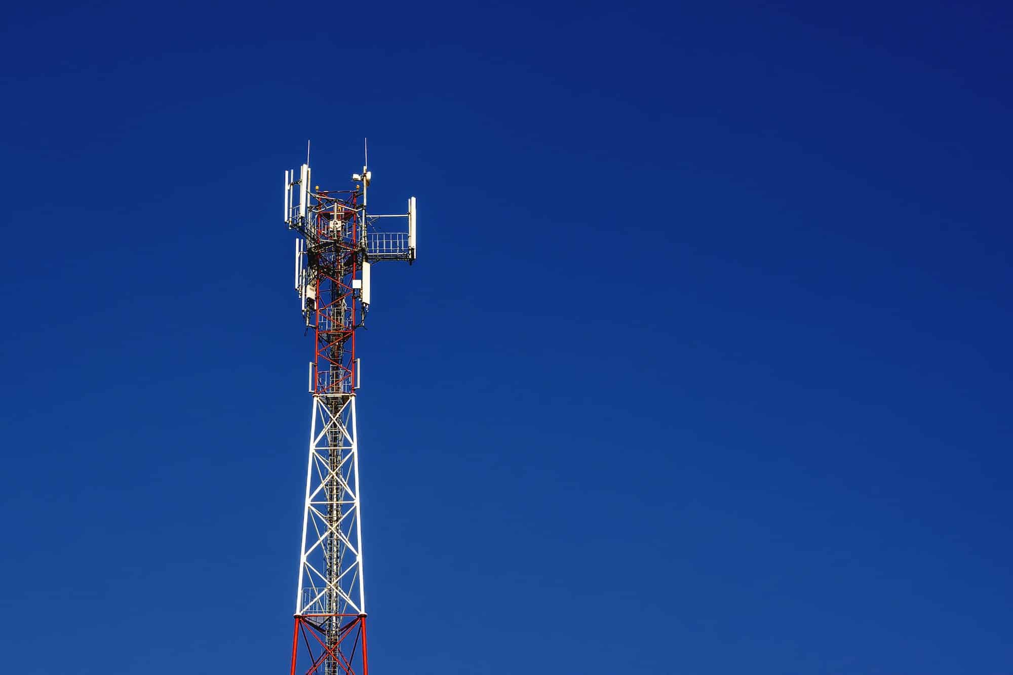 Telecommunication Tower Of 4G And 5G Cellular. Macro Base Station. Copy Space.